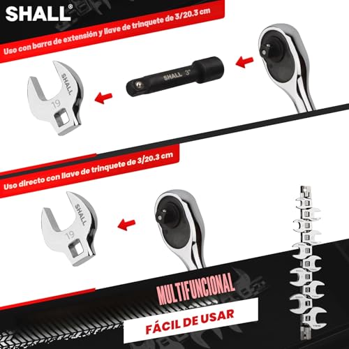 SHALL Juego de 10 llaves de pata de gallo métricas de 3/8", juego de llaves de pata de gallo de extremo abierto, medidas métricas de 10 a 19 mm, con organizador con clip