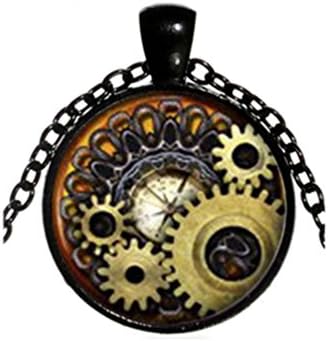 vintage Steam punk gear dial plate necklace time gem metal necklace (black)