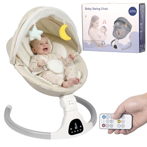 JFOVMCYG Electric Swing for Newborns with Remote Control, 5 Swinging Speed, 8/15/30 Minute Timer, 5 Point Harness, Washable Seat, Stable Structure – Ivory White | 5 oscillation speeds, 3 seat positions, 8/15/30 minute timer, 5-point harness, washable seat