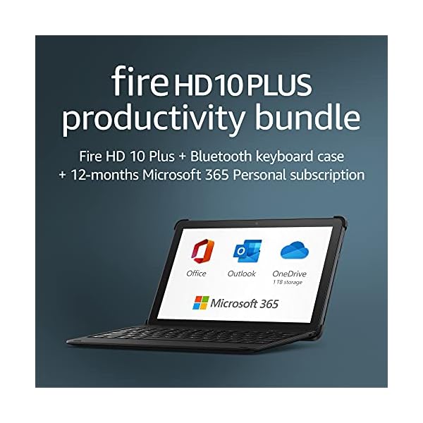 Fire HD 10 Plus tablet, 64 GB, Slate, with Ads + Bluetooth keyboard + 12-month Microsoft 365 Personal subscription