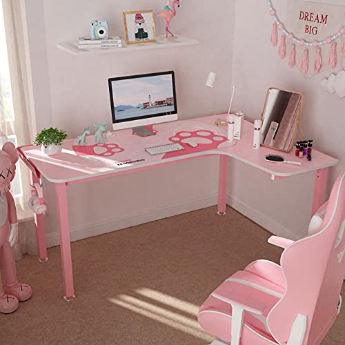 DESIGNA Pink Gaming Desk, 60 Inch Pink L Shaped Gaming Desk, With Full