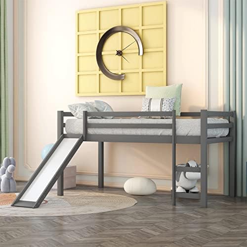 Loft Bed with Slide, Wood Low Loft Bed Frame for Kids,Twin Bed Multifunctional Design,Twin Size