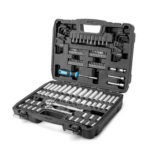 DURATECH 121 Piece Mechanics Tool Set, Socket Wrench Set, 1/4" and 3/8", 72 Tooth Ratchet Cr-V Steel, with Box, Includes Screwdriver and Bits