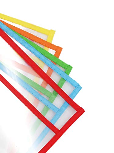 Dry Erase Pockets Reusable Plastic Paper Sleeves,9 x 12 Inches,Mixed Colors,Homeschool Supplies Clear Folders(10-Pack)