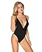 StyleDome Women Lace Strap Halter Plunge V Neck Bodysuit Bodycon Stretch Babydoll Leotard Black US 6-8