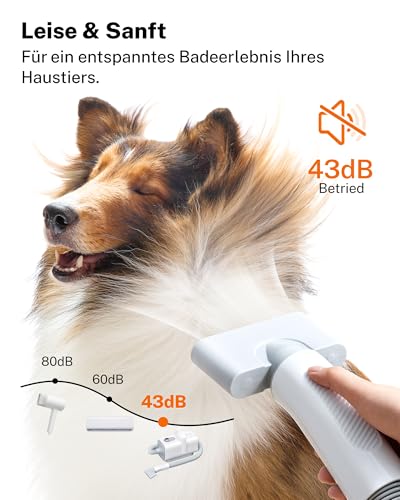 HomeRunPet Ultra Quiet Dog Hair Dryer 43 dB, 120 m/s Quick-Drying, Blower Dog 99 Adjustable Settings for Speed and Temperature, 3-in-1 Various Nozzles, Overheating Protection Over 60°C