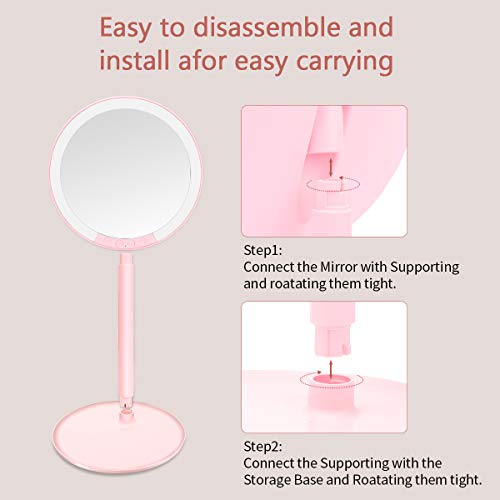 Morpilot Miroir de Maquillage Grossissant 7x Lumineux à Ventouse avec 66 Lumières LED Naturelles, Rotation à 120° et Fonctionnant sur batterie (Rose 2)