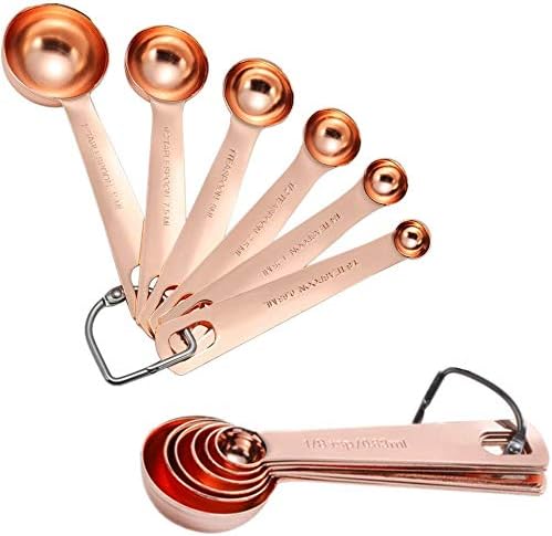 FashionMall Set of 6 Copper Stainless Steel Measuring Spoons for Liquid Dry Measuring,Stackable (6 Spoons, Rose Gold)