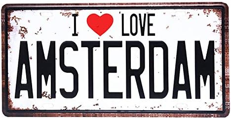 NEWNESS WORLD I Heart Love Amsterdam Car Number Hanging Metal Tin Metal Sign Metal Plate Plaque for Pub/Bar/Home Wall Decoration(6 by 12 Inches)