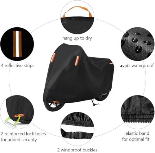 Beauenty Universal Motorcycle Cover,Preventing Wind, Rain,Snow,Dust,Uv Rays With Anti Theft Lock Hole,Reflective Strips,Storage Bag,All Season Durable 420D Oxford Fabric,(XL,Black)
