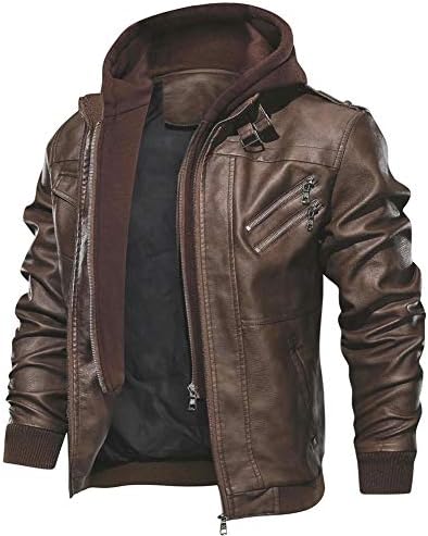 mens brown leather jacket with hood