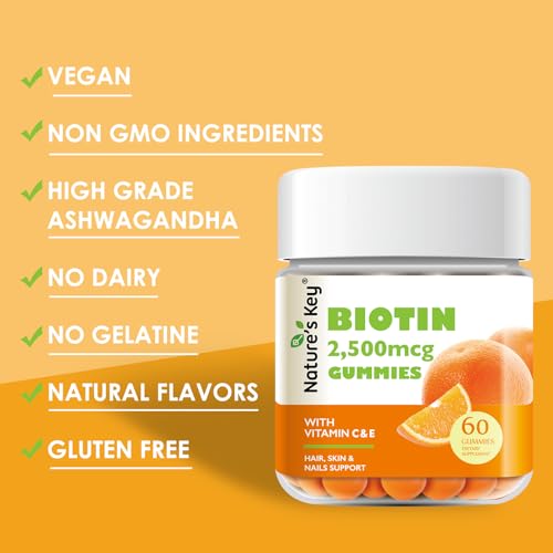 NATURE’S KEY BIOTIN GUMMIES WITH VITAMIN C AND E, SUPPORT HAIR NAILS GROWTH & BEAUTIFUL SKIN FOR WOMEN MEN AND KIDS, VEGAN, ORANGE FLAVORS 60 COUNT