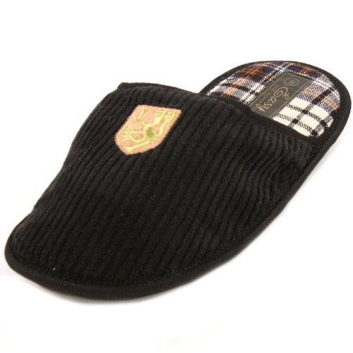 MEN'S HOUSE CORDUROY BACKLESS SLIPPERS - BLACK NAVY BROWN - INDOOR OUTDOOR HOME -S599M (Large (11-12), Black)