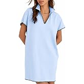 VAOYIU Women Polo Shirt Dress with Contrast RIC Rac Trim Loose Fit Lapel V Neck Short Sleeve Mini Dress Summer Cover Up