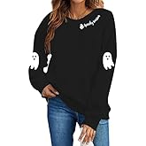 ECYJIO Spooky Season Sweatshirt For Women Halloween Sweatshirt Ghost Fall Long Sleeve Embroidered Pullover Tops