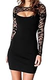Voglee Women's Elegant Black Floral Lace Cut Out Long Sleeves Bodycon Clubwear Party Cocktail Midi Dress