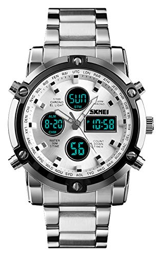 Stainless Steel Strap Outdoor Sport Watch Analog Digital LED Dual Time Display Mens Watch Sliver