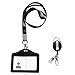 ID Card Case + Lanyard + Badge Holder Retractable Reel Carabiner and Plastic Clip (Genuine Leather Horizontal Black)