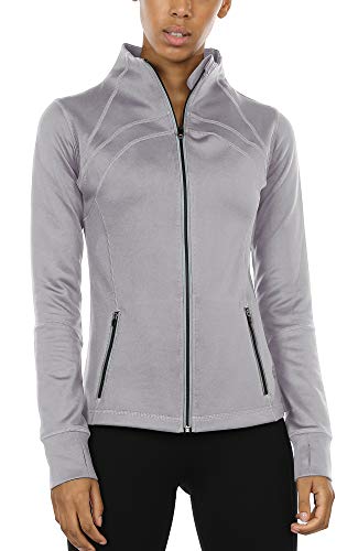 icyzone Women's Running Shirt Full Zip Workout Track Jacket with Thumb Holes (M, Grey)