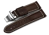 iStrap 24mm Genuine Calf Leather Military Watch Band W/ Polished Deployant for Panerai 44 - Dark Brown