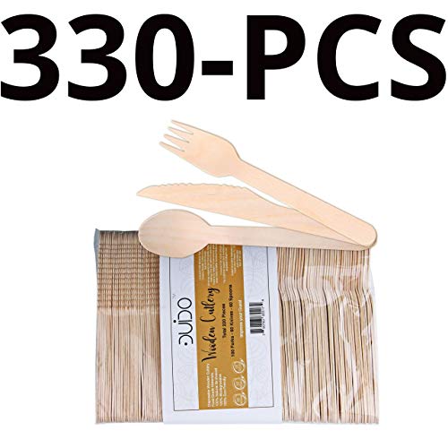 Biodegradable Disposable Wooden Cutlery Utensils - (Pack of 330) 110 Forks 110 Knives 110 Spoons 5.5-inch Set Eco-Friendly Compostable Silverware Kit Party Supplies Events