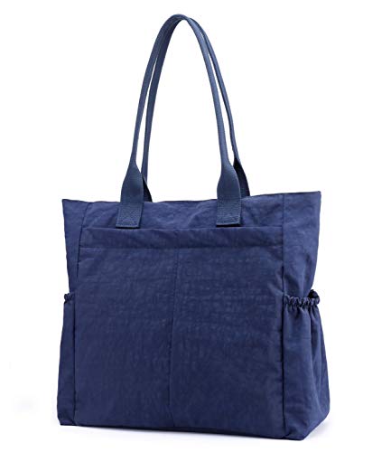 Nylon Water Resistant Multi Pockets Large Lightweight Tote Bag Shoulder Bag for Gym Hiking Picnic Travel Beach Waterproof Tote Bags (Dark Blue HB)