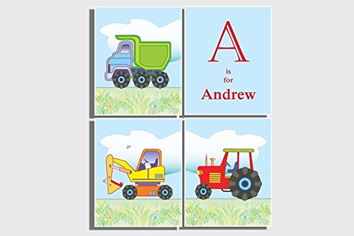 Custom Name Initial Nursery Wall Letters Little Boys Bedroom Transportation Decor Nursery Farm Vehicles Red Tractor Dump Truck Digger 8 x 10 inches Set of 4 Prints - Thumbnail 5