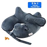 Longfit Soft Velvet Inflatable Travel Neck Pillow with Built-in Pump, Extra-Soft Washable Cover, and Compact Travel Pillow Set for Airplane,Traveling and All Kinds of Relax
