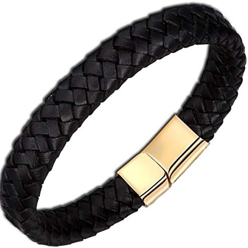 SKYyao Men Bracelet Leather Woven Titanium Steel Magnetic Buckle Bracelet Titanium Steel 20cm