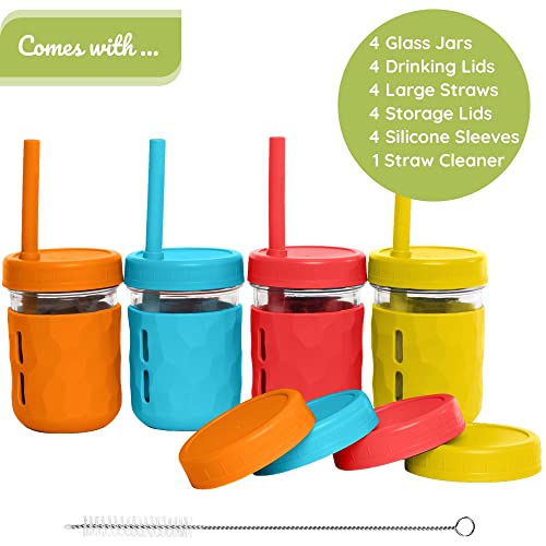 WeeSprout Glass Cups With Lids & Straws, Spill-Resistant Smoothie Cups for Toddlers & Kids, Triple as Toddler Cups, Baby Food Storage & Snack Jars, XL Silicone Straws, Easy-grip Sleeves, Set of Four