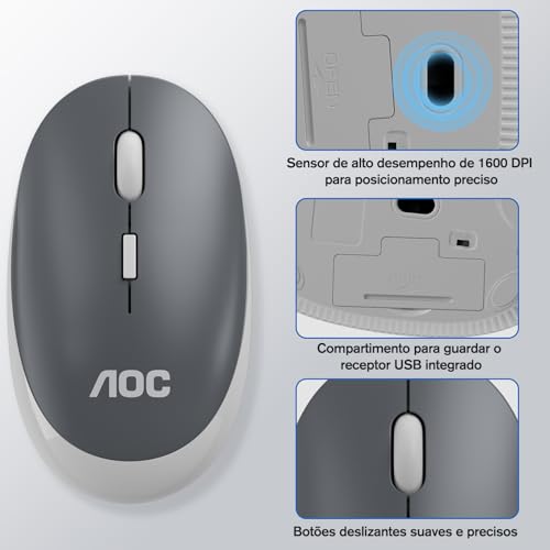 Combo de Teclado e Mouse sem Fio AOC KM600, Conexão Sem Fio 2,4 GHz, Mouse 3 DPI Ajustável Até 1600, Combo Teclado e Mouse Design Ergonômico, Compatível com PC e Mac