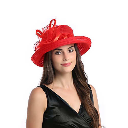 Dantiya Women's Organza Wide Brim Bowler Hat Kentucky Derby Church Dress Sun Hat (Red)