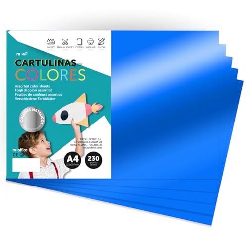 Cartulina de Colores Metalizadas, Cartulina DIN A4 (21x29,7cm) Cartulinas de Colores 230gr para Manualidades, Disenos Creativos y Proyectos de Arte, Brillo Reflectante · m-office (125 hojas, Azul)