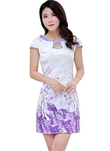 Aro Lora Women's Lotus Printed Cheongsam Dress Qipao Chinese Traditional Dress