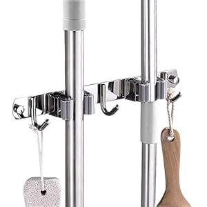 Broom Mop Stainless Steel Holder Wall Mounted, for Kitchen,Garden, Garage, Office, Laundry Bathroom (2 Racks 3 Hooks)
