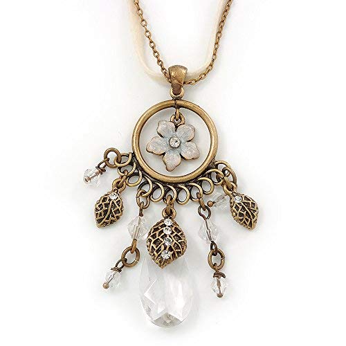 Avalaya Vintage Inspired Floral, Bead Charm Pendant With Antique Gold Chain & White Suede Cord Necklace - 36cm Length/ 7cm Extension