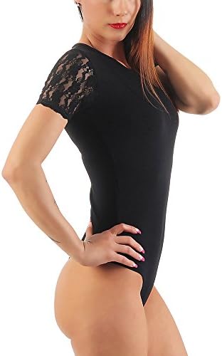 Mellice -Womens Bodysuit Thong Short Sleeve Lace Crew Neck - 370 (Large / X-Large, Black)