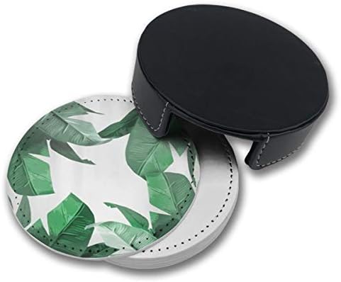 NGFF Tropical Palm Round Drinks Coasters with Holder Set of 6 PU Leather Cup Pads