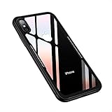 iPhone X Case, FLOVEME Hybrid 0.55mm Ultra Slim Tough Armor Shockproof Clear Transparent Tempered Glass Hard Back Cover with Soft TPU Flexible Bumper Edge Protection Support Wireless Charging, Black