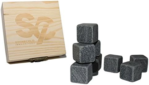 Set of 9 Premium Chilling Rocks With Sleek Pine Wooden Box/Carrying Case -Odorless and Flavorless- Chill Without Diluting