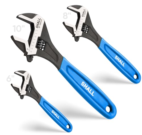 Shall Adjustable Wrench Set 3 Piece, 10/8/6 Inch Cr-V Steel Wrench with Padded Grip, Navy Blue, Laser Engraved for Home, Garage, Workshop and DIY