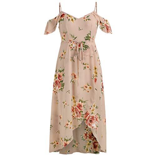 Women's Floral Maxi Dresses Boho Split Short Sleeve Cold Shoulder Flower Print Beach Party Dress (Beige -1, 2XL)