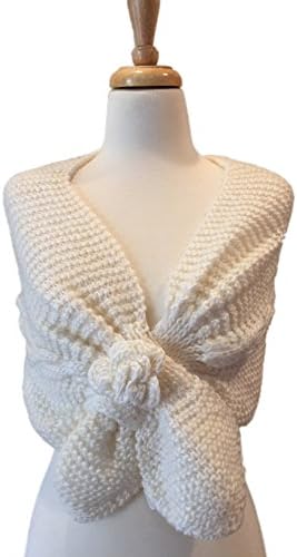Over the Shoulder Knitted Shawl Wrap with Bow Front (White)