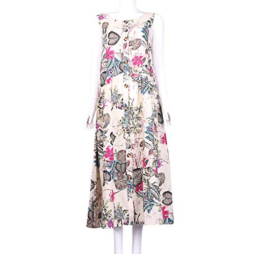Maxi Dresses for Women,Womens Crew Neck Sleeveless Summer Floral Maxi Dress with Button Down Pink