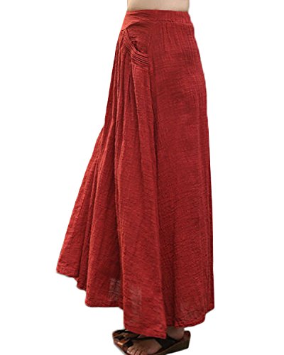 ZANZEA Women's Vintage Plain Elastic Waist Cotton Linen Loose Maxi Skirt Skirt Red 2XL