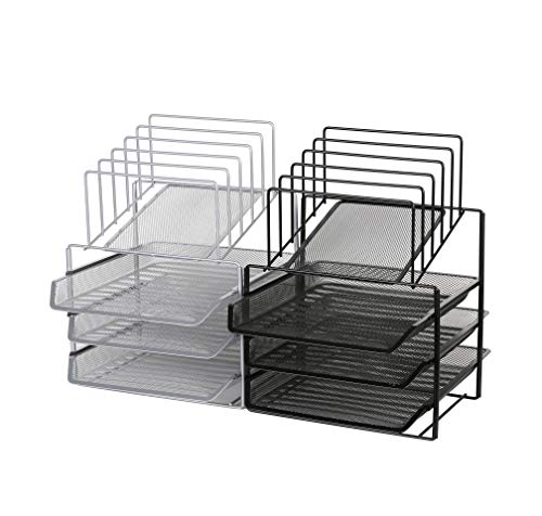 Exerz Desk Organizer Wire Mesh 3 Layer Sliding Letter Trays with 5 Upright Sections/Dividers/Paper Sorter/Desk Multifunctional File Holder Filing Shelves for Office, School Silver (EX2428-SLV)