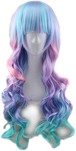 SpeedHairs Personalized Sweet Girl Rainbow Daily Harajuku Wigs Long Wavy Curly Hair Wigs Fluffy Flat Bands Wigs Party Wigs for Teen Girls Women