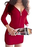 FanShou Women Deep V-neck Zipper Knit Sweater Mini Bodycon Dress