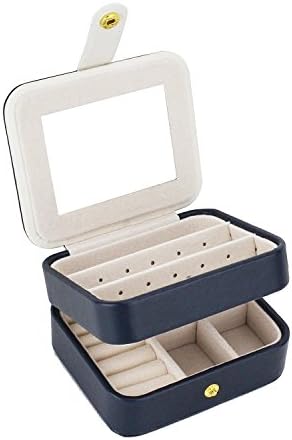 LE PAPILLION Small Jewelry Box Travel Jewelry Organizer Storage Case with Mini Mirror for Rings Earring Necklace Bracelets Gifts for Women (Navy Blue)