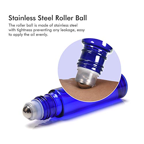 ULG Roll on Bottles 10ml Blue Glass Empty Bottles 8 Pack with Stainless Steel Roller Ball 2 Extra Balls 8 Piece Waterproof Labels 1 Opener and 3ml Dropper for Essential Oils - Thumbnail 2